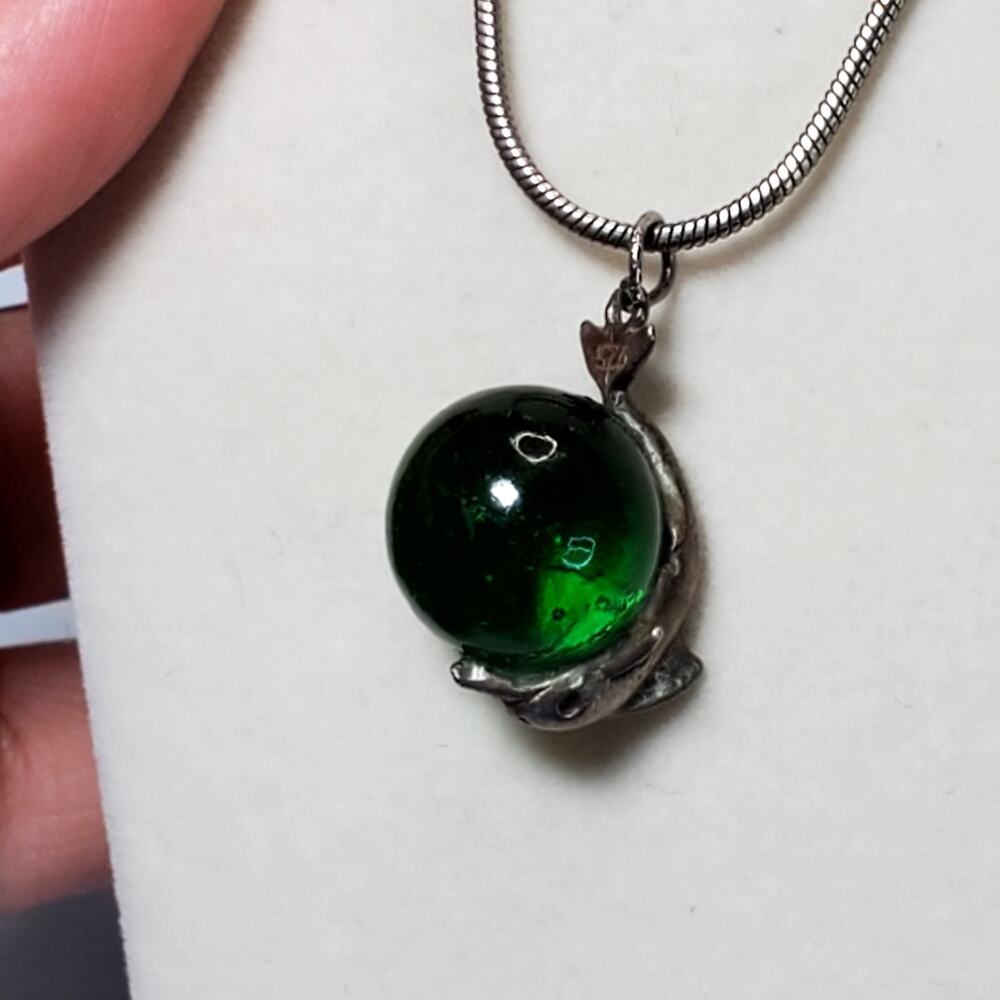925 Dolphin Wrapped Around Green Glass Ball Charm 16" Necklace Retro